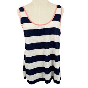Vanity Essentials L Tank Top Mixed Media Split Back Striped Nautical Coastal EUC